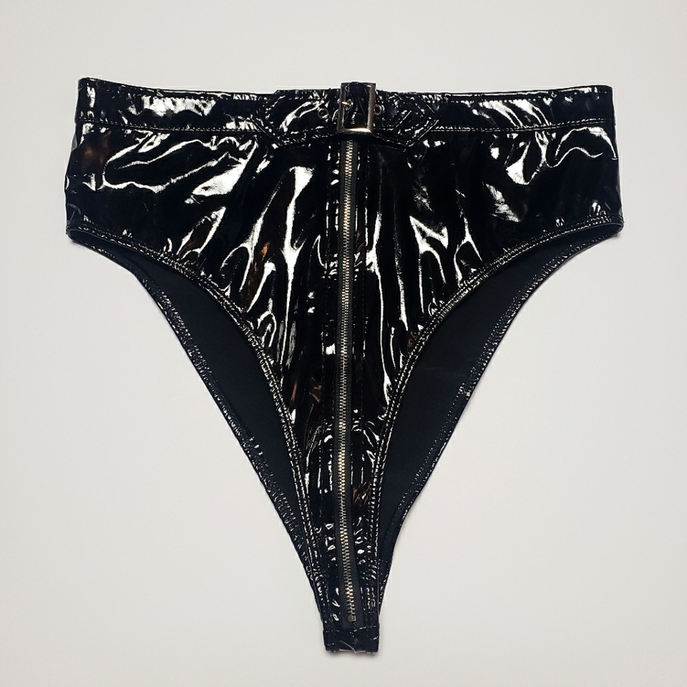 Iefiel, Biker Babe High Waist Vinyl PVC Wet Look Bikini Briefs, 28" waist, Black